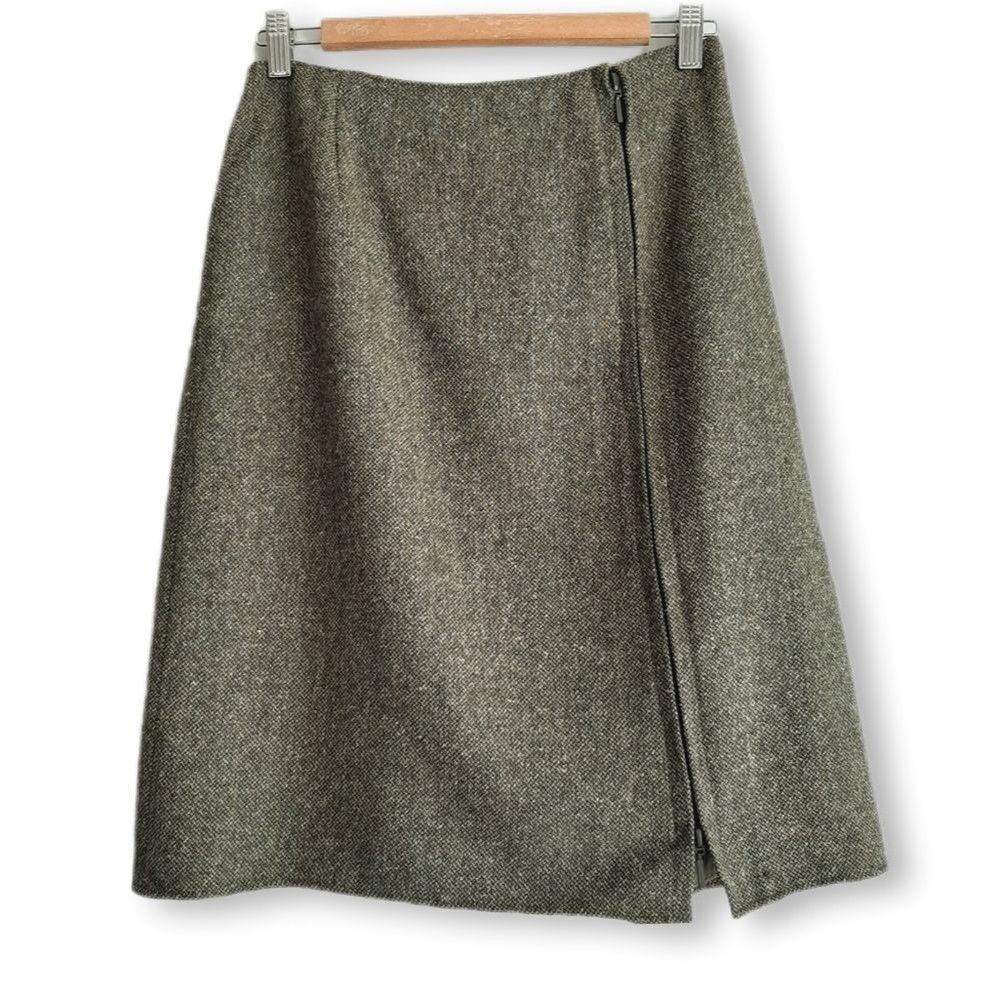 C'EST CITY Silk Wool Blend Side Zip Slit Knee Length Skirt Green Sz 6
